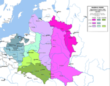 De drie stukken van Polen in 1772, 1773 en 1775 - Rusland (Roze), Oostenrijk (Groen) en Pruisen (Grijs)  