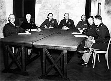 SHAEF Planning Commission (l. to r.): General Omar Bradley, Admiral Bertram Ramsay, Air Chief Marshal Arthur Tedder, General Dwight D. Eisenhower, General Bernard Montgomery, Air Chief Marshal Trafford Leigh-Mallory, and General Walter Bedell Smith.