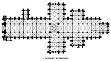 Plattegrond van de kathedraal van Salisbury: dubbele dwarsbeuken, elk met een zijbeuk; typisch Engels vierkant oosteinde