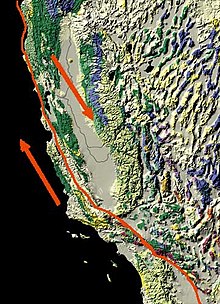 Mapa da Falha de San Andreas, mostrando movimento relativo