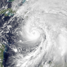 Satellietbeeld van de orkaan Sandy bij de aanlanding van Jamaica