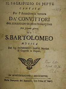 Sarron vuonna 1728 ilmestyneen kantaatin Il sagrifizio di Jefte kansi.  
