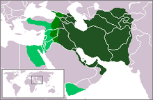 The Sassanid Empire at the time of its greatest expansion around 620 A.D. The core areas are marked in dark green.