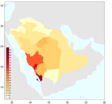 Population density in Saudi Arabia (person per km²), the most densely populated province is Dschāzān