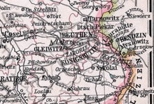 Katowice east-southeast of Gliwice on a map from 1905