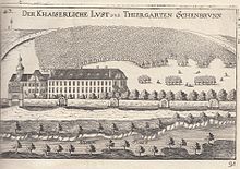 Katterburg och Gonzagas palats vid Wienfloden 1672. I bakgrunden den senare Gloriette-kullen.  