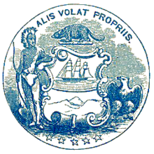 Seal of the Oregon Territory with the motto Alis volat propriis: "She flies with her own wings".