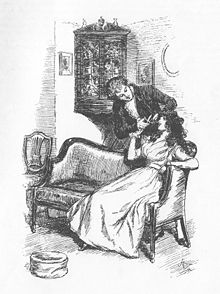 Een 19e eeuwse illustratie met Willoughby die een haarlok van Marianne knipt.  