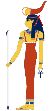 セルケット。右手に持っている杖は力の象徴。左手には、エジプトの生命の象徴であるアンクを持っています。