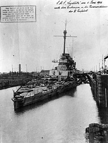 SMS Seydlitz damaged in the Skagerrak battle in the 3rd entrance, Wilhelmshaven, 1916