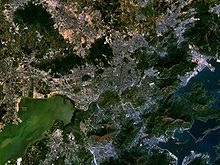 Satellite image of the Shenzhen (north of the bay) - Hong Kong (south) border area, July 2005