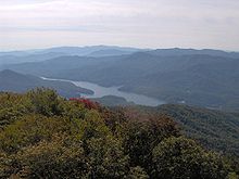 Fontana Lake forms part of the southwestern boundary of Great Smoky Mountains National Park, with the Nantahala Mountains in the background.