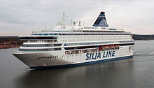 The large ferries operating between Stockholm and Turku, Helsinki or Tallinn dock in Mariehamn to allow tax-free sales on board. Here the Silja ferry Silja Europa.