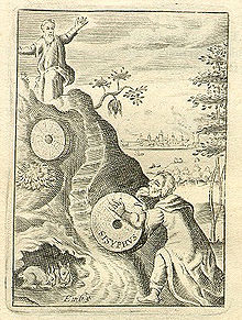 Sisyphus met zijn steen en de heuvel. Engelse gravure, 1792.  