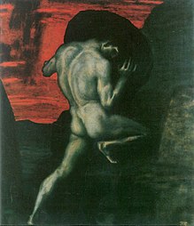 Franz von Stuck, Sisyphus (1920). The myth of Sisyphus has been used by Albert Camus to symbolize the meaninglessness of life as perceived by modern man. Sisyphus accepts the absurdity of his existence in a chaotic world ruled by chance.