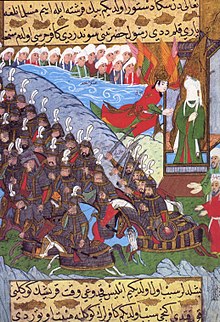 Illustration of the Battle of Badr (624) in the Siyer-i Nebi. According to Islamic scripture, the hosts of angels depicted in it, together with Gabriel (Jibrīl), rushed to the aid of the Muslim army.