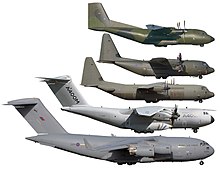 In size comparison to the A400M to be replaced ­or alternative types :- Transall C-160- Lockheed C-130- C-130J-30- Airbus A400M- Boeing C-17 (from top to bottom)
