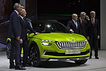 Board members Christian Strube, Klaus-Dieter Schürmann, Alain Favey, Bernhard Maier, Michael Oeljeklaus and Dieter Seemann at the presentation of the Škoda Vision X at the 2018 Geneva Motor Show.