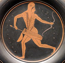 Scythian archer, facing backwards while running and drawing an arrow from his quiver, bowl c. 520/00 BC.