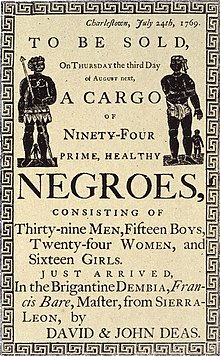 Jäljennös käsiohjelmasta, jossa mainostettiin orjahuutokauppaa Charlestonissa, Etelä-Carolinassa, vuonna 1769.  