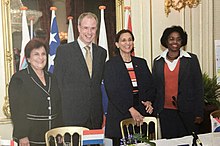 From left to right: Emily de Jongh-Elhage (Prime Minister of the Netherlands Antilles), Atzo Nicolai (Minister of Foreign Affairs of the Netherlands), Sarah Wescot-Williams (Prime Minister of Sint Maarten) and Zita Jesus-Leito (Member of the States of the Antilles), in November 2006 in The Hague at the conclusion of the negotiations.