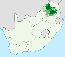 Sepedin maantieteellinen levinneisyys Etelä-Afrikassa: osuus väestöstä, joka puhuu kotona jotakin sepediä.      0-20% 20-40% 40-60%      60-80% 80-100%  