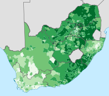 Podíl hlasů odevzdaných pro ANC ve volbách v roce 2009 podle volebních obvodů.      0-20% 20-40% 40-60% 60-80% 80-100%