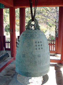 Buddhist bronze bell in the temple of Neunggasa, South Korea. Cast in 1698.