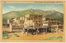 The Pueblo housing complex with Taos Mountain in the background.