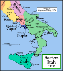 Kaart, mis näitab Capua vürstiriiki 1112. aastal Robert I ajal. Capua on kujutatud tähega.