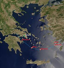 O Arco Vulcânico do Egeu do Sul inclui os vulcões Methana, Milos, Santorini e Nisyros.