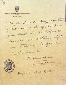 Franco's bulletin, which announced the defeat of the "red army" and the end of the Civil War on April 1, 1939.