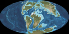 Kaart van de Aarde, 113 tot 93,9 miljoen jaar geleden. De witte stippen zijn spinosauride fossielen gedateerd op die periode