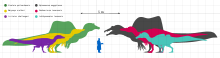 Dimensioni di Ichthyovenator (in giallo, secondo da destra) e altri spinosauridi rispetto a un uomo