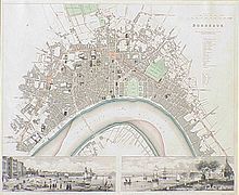 Bordeaux according to a plan of 1840 looking west. The development has already extended far beyond the medieval boundaries (marked in red). The preferred residential area is the quarter around the Jardin Public.