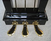 De drie pedalen van een piano. Van links naar rechts zijn dat de soft, sostenuto en sustain (demper) pedalen.  