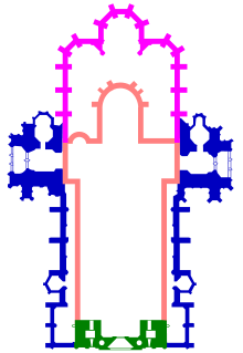 The building history of the cathedral in ground plan (green: the Giant's Gate; red: Romanesque cathedral, demolished in 1430; pink: Albertine choir; blue: the Gothic nave)