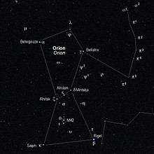 Constellation Orion with the three belt stars δ, ε and ζ