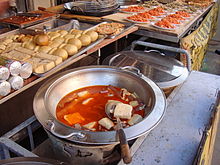 Stinky tofu in a spicy sauce on offer at a snack stall in the resort town of Fusing, Taiwan.