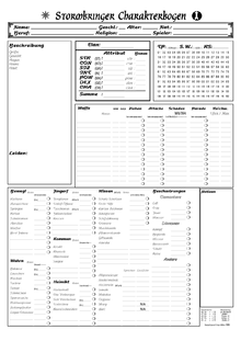 A character sheet of the game Stormbringer, values and descriptions are noted here.
