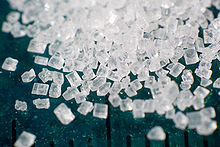 Vergroting van sacharosekorrels, de meest voorkomende suiker.
