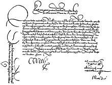 Kaarle V:n allekirjoittama kutsu Lutherille saapua Wormsin valtiopäiville. Vasemmalla oleva teksti oli kääntöpuolella.  