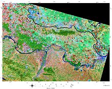 The inter-stream Syrmia of one of the landscapes of Vojvodina. Landsat-8 ETM+ image, 12 March 2014 (infrared false-color aerial image).