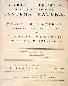 The title page of the 1st edition of Systema Naturae, in which Linné first presented his system for classifying the three kingdoms of nature in 1735.