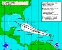 8月16日安娜的预测轨迹和23日咨询时的热带风暴观察。