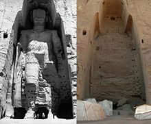 Destruction of the Buddhas of Bamiyan by the Taliban, photo from before and after the destruction.