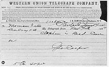 Telegram van George Cooper naar Morrison Foster met de tekst "Stephen is dood. Kom op."