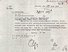 Reichsbahn telegram of 14 July 1942 concerning charges for "Juden-Sonderzüge" to Auschwitz