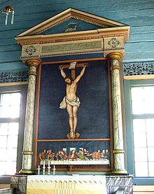Denna sorgliga bild av den korsfästa Kristus finns i en liten kyrka i norra Österbotten. Den målades av Carl Christoffer Stadig 1847. Under huvudbilden har han visat den sista nattvarden.  