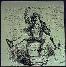 Stereotype of an Irishman: sitting on a powder keg, spouting slogans and drinking rum. American caricature by Thomas Nast published in Harper's Weekly in 1871.